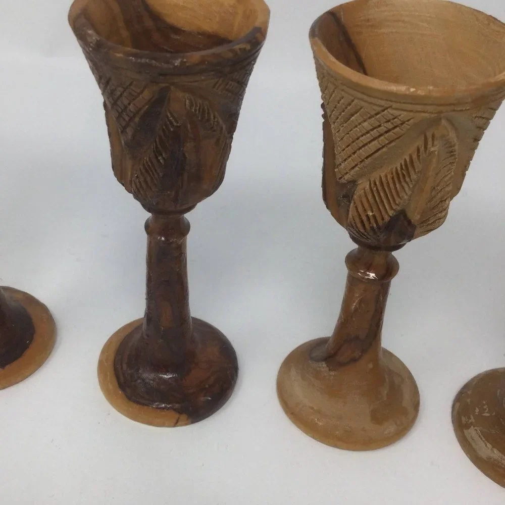 4 Vintage Wood Hand Carved Goblets Small